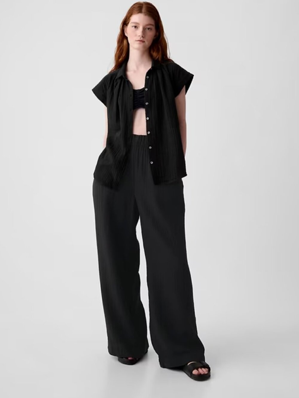 GAP Womens Mid Rise Crinkle Gauze Wide-Leg Pants